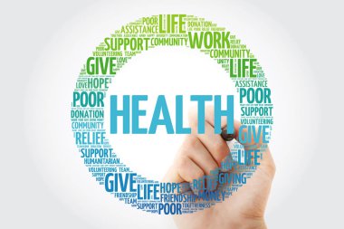 Marker, kavram arka plan ile sağlık kelime bulutu kolaj