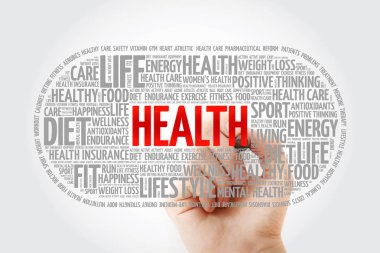 Marker, fitness, sağlık kavramı arka plan ile sağlık kelime bulutu