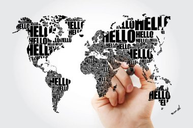 Merhaba sözcüğü bulut Dünya Haritası tipografi, marker ile kavramı içinde