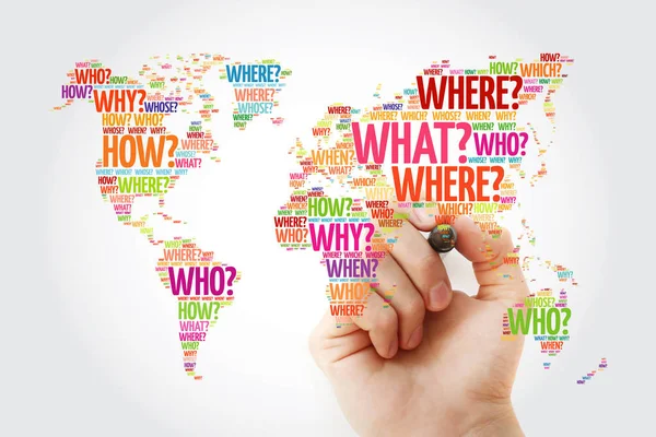 Pergunta Palavras Mapa Mundo Tipografia Nuvem Palavras Com Marcador Fundo — Fotografia de Stock