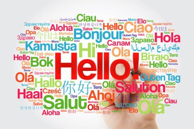 Kelime bulutu dünyanın farklı dillerde marker ile Merhaba, kavram arka plan