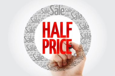 Marker, iş kavramı arka plan ile yarım fiyat kelime bulutu