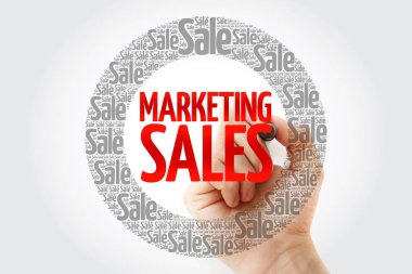 Pazarlama satış damga kelime bulutu marker, iş kavramı ile daire.