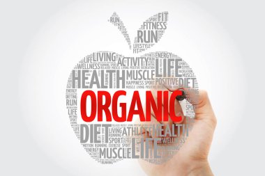 Organik elma kelime bulutu kolaj marker, sağlık kavramı arka plan ile