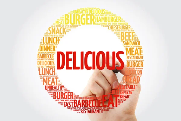 Nuvem Palavras Delicious Com Marcador Conceito Fast Food — Fotografia de Stock