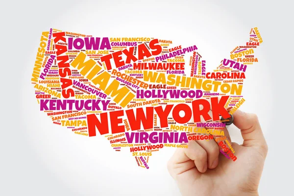 Usa Map Word Cloud Collage Most Important Cities Concept Marker — Stock Photo, Image