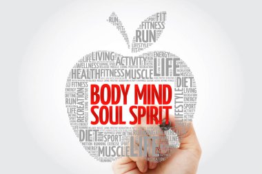 Vücut Spirit Mind Soul apple kelime bulutu marker, sağlık kavramı ile