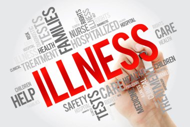 Hastalık kelime bulutu kolaj marker, sağlık kavramı arka plan ile