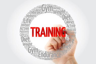 Daire damga kelime bulutu marker, fitness, spor, sağlık kavramı ile eğitim