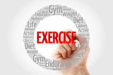 Daire damga kelime bulutu marker, fitness, spor, sağlık kavramı ile egzersiz