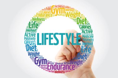 Yaşam tarzı kelime bulutu marker, fitness, spor, sağlık kavramı ile