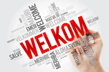 Welkom (Welcome in Afrikaans) word cloud with marker in different languages, conceptual background clipart