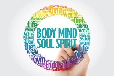 Vücut Spirit Mind Soul kelime bulutu kolaj marker, sağlık kavramı arka plan ile