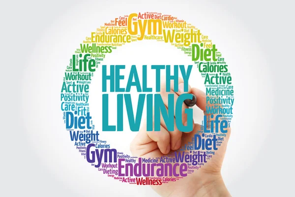 Healthy Living circle stamp word cloud with marker, health concept