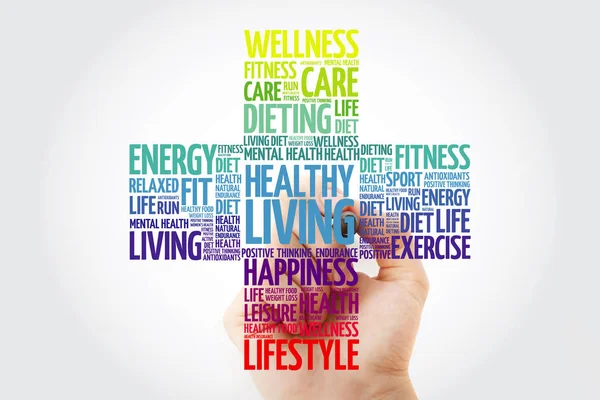 Healthy Living word cloud collage with marker, health cross concept background