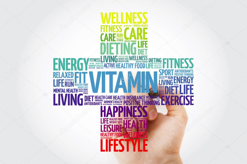 VITAMIN word cloud collage with marker, health cross concept