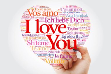 I Love You kalp kavramı kelime bulutu kolaj marker ile dünyanın farklı dillerde