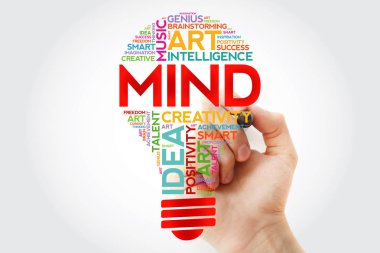 Marker, kavram arka plan ile zihin ampul kelime bulutu