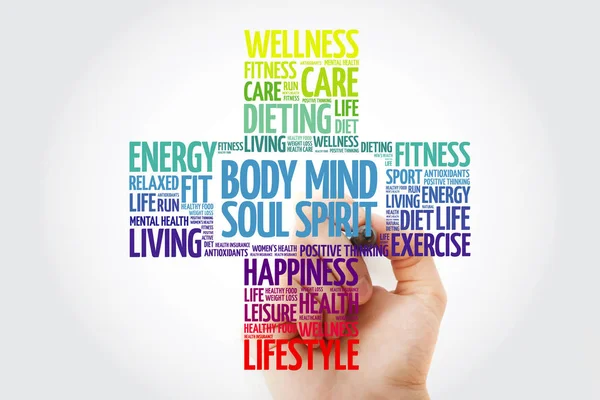 Body Mind Soul Spirit Word Cloud Marker Health Cross Concept — Stock Photo, Image