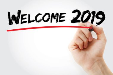 Hoşgeldiniz 2019 marker, kavram arka plan ile yazma el