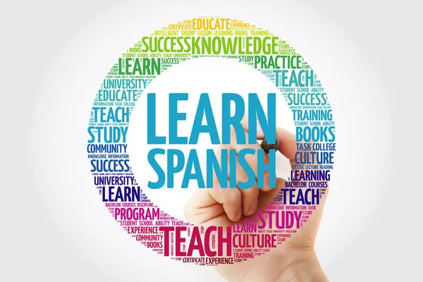 Aprende Español Palabra Nube Con Marcador Concepto Negocio Educación — Foto de Stock