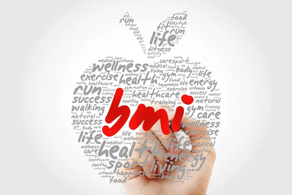 Bmi Body Mass Index Apple Słowo Cloud Kolaż Tło Koncepcja — Zdjęcie stockowe