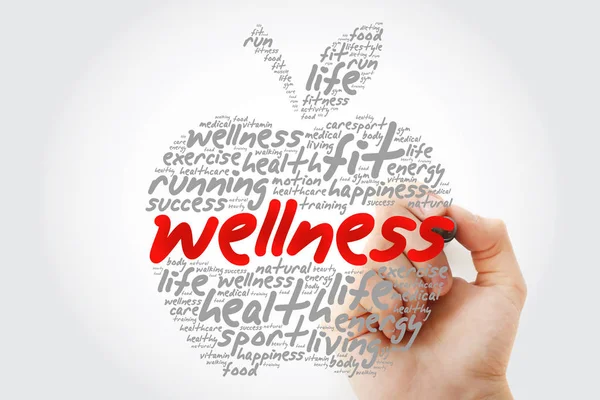 Wellness Apple Word Cloud Com Marcador Fundo Conceito Saúde — Fotografia de Stock