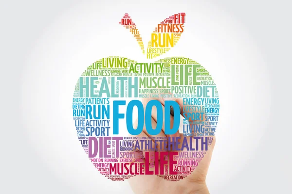 食品苹果字云与标记 健康概念背景 — 图库照片
