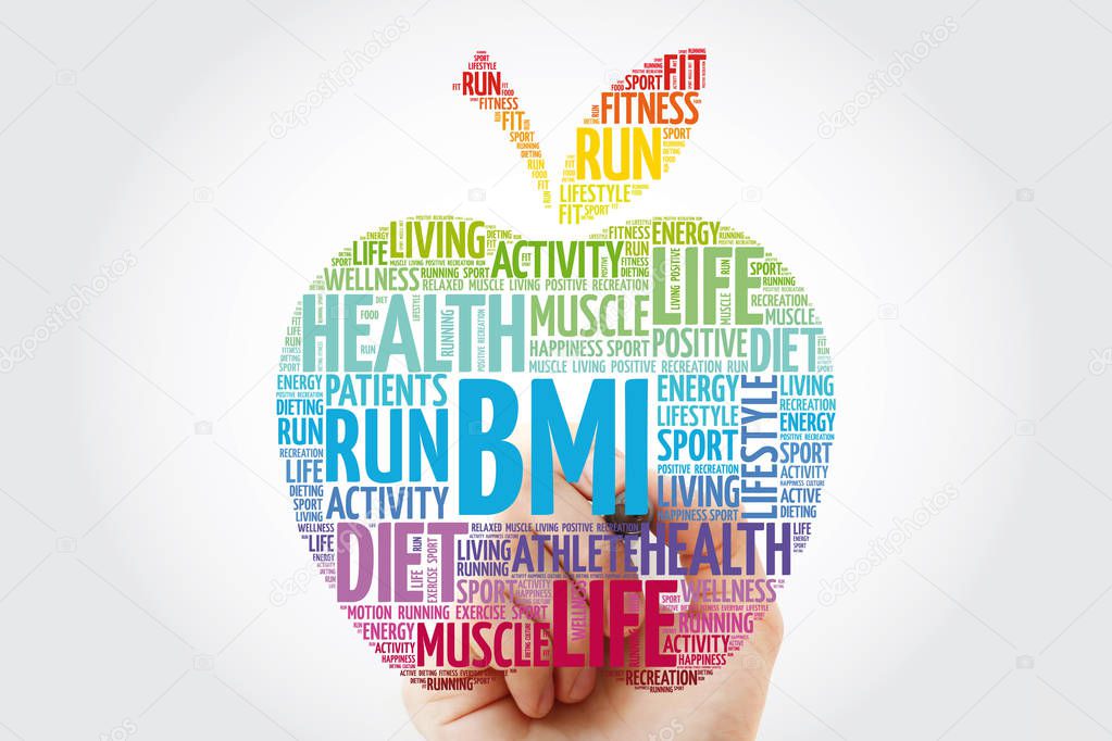 BMI - Body Mass Index, apple word cloud collage, health concept background