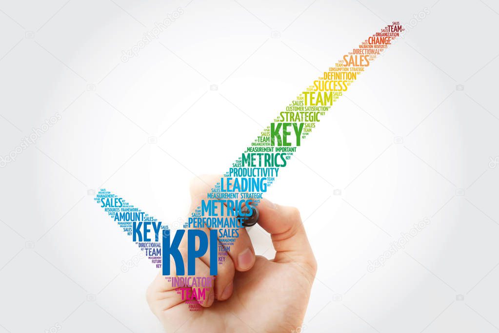 KPI - Key Performance Indicator check mark word cloud with marker, business concept background