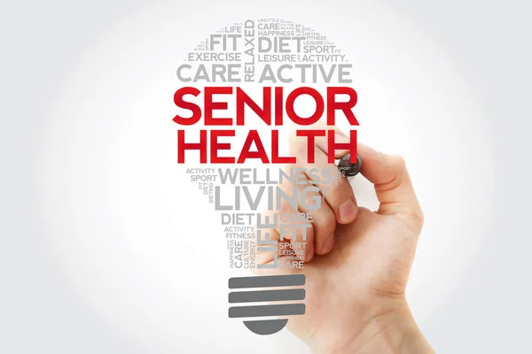 Senior Gezondheid Lamp Woord Wolk Met Marker Gezondheid Concept — Stockfoto