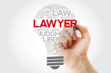 Marker, hukuk kavramı arka plan ile avukat ampul kelime bulutu