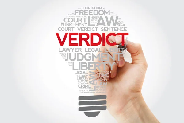 Verdict Bulb Word Cloud Collage Marker Law Concept Background — Stok Foto