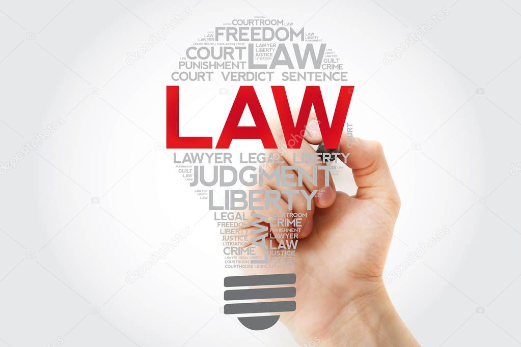LAW bulb word cloud collage with marler, concept background