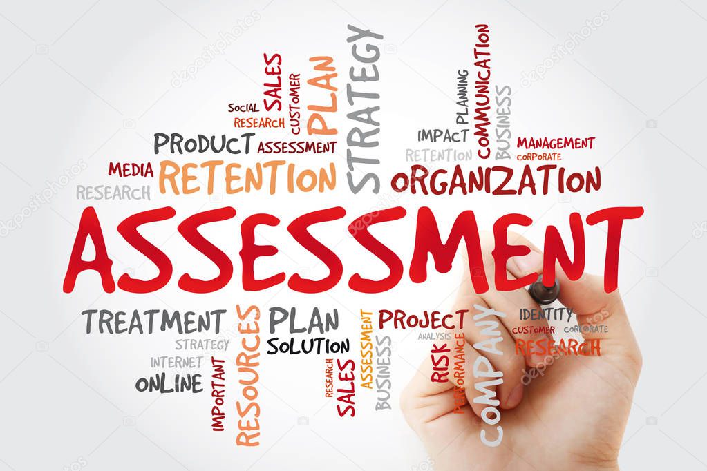 Assessment word cloud with marker, business concept background