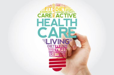 Marker, sağlık kavramı arka plan ile sağlık ampul kelime bulutu kolaj