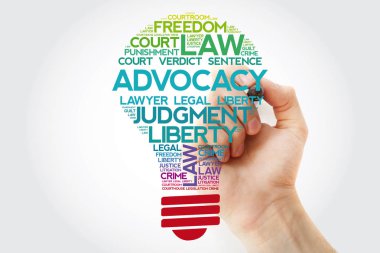 Savunuculuk ampul kelime bulutu kolaj marker, hukuk kavramı arka plan ile