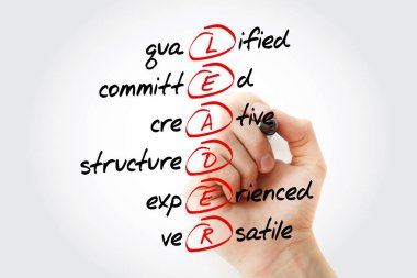 Lider - marker, iş kavramı arka plan ile nitelikli, kararlı, yaratıcı, yapılandırılmış, deneyimli, çok yönlü kısaltma