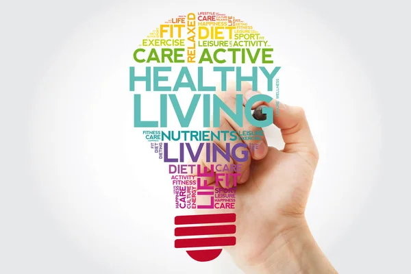 Healthy Living Bulb Cuvânt Nor Colaj Marker Fundal Concept Sănătate — Fotografie, imagine de stoc
