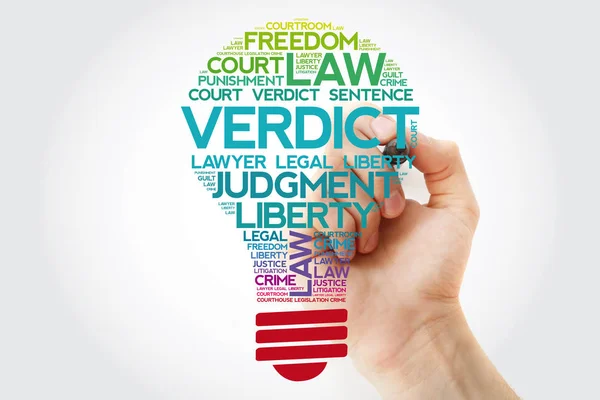 Verdict Bulb Word Cloud Collage Marker Law Concept Background — Stock Photo, Image