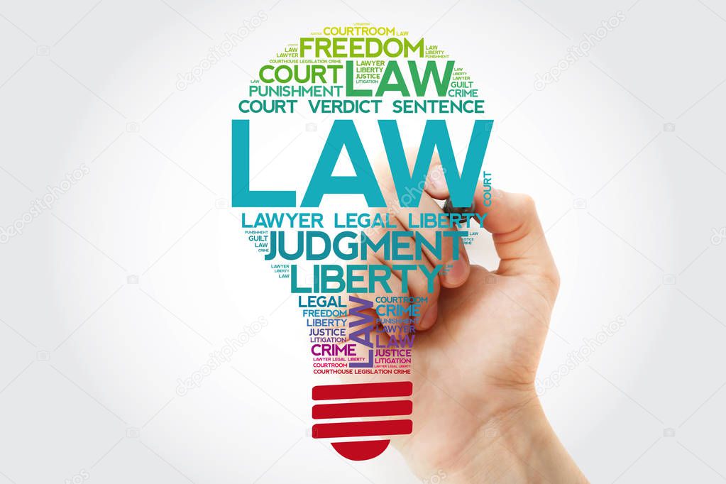 LAW bulb word cloud collage with marker, concept background