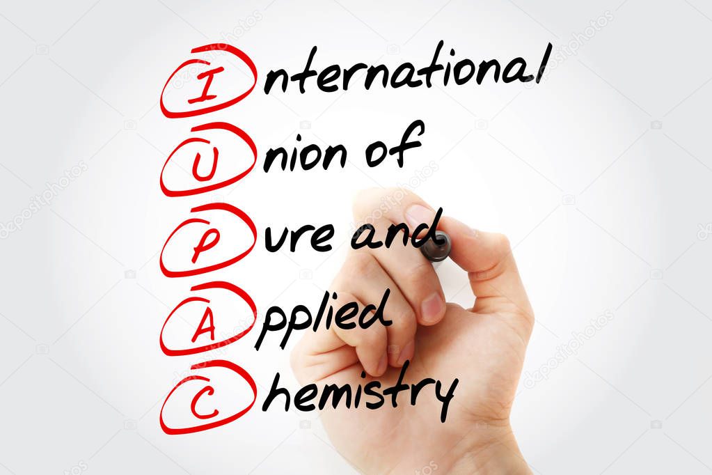 IUPAC - International Union of Pure and Applied Chemistry acronym with marker, concept background