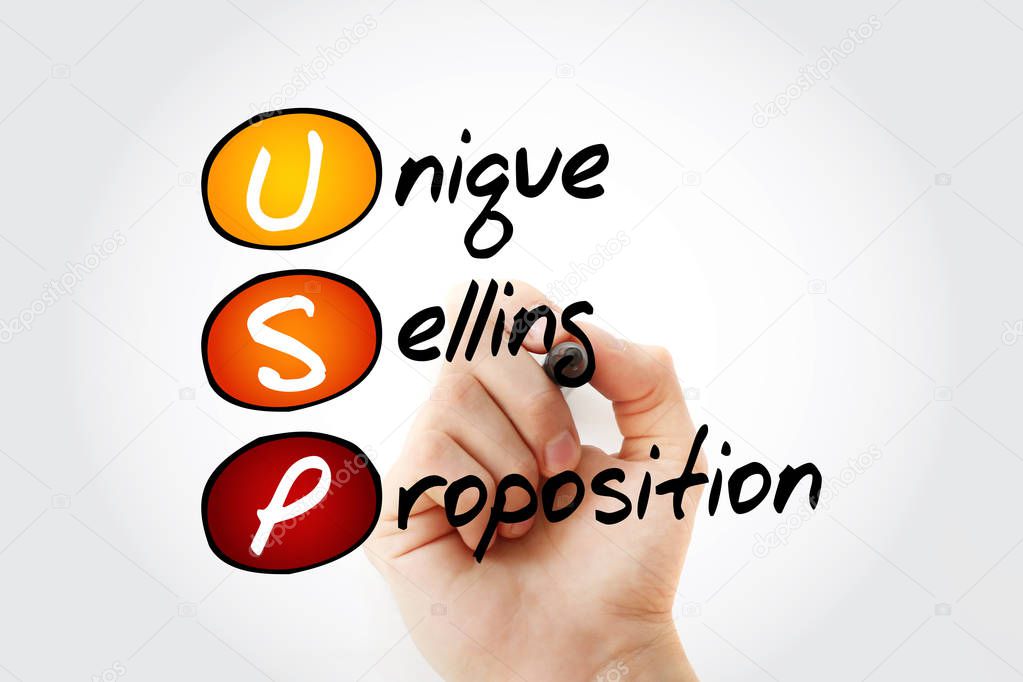 USP - Unique Selling Proposition acronym with marker, business concept background