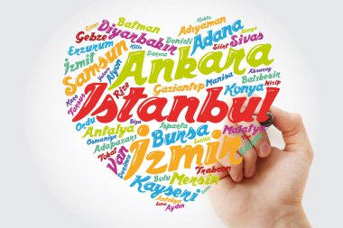 Kalp kelime bulutu ile Türkiye, kavram arka plan marker ile'daki şehirler listesi