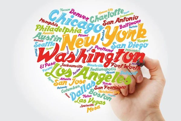 List Cities Towns Usa Composed Love Sign Heart Shape Word — Stock Photo, Image