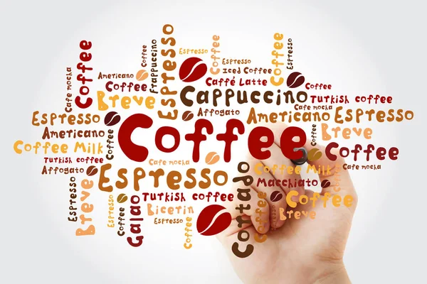 コーヒーのリスト マーカーで デザインの背景の単語の雲を飲み物 — ストック写真