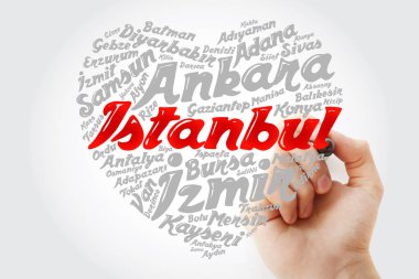 Kalp kelime bulutu ile Türkiye, kavram arka plan marker ile'daki şehirler listesi