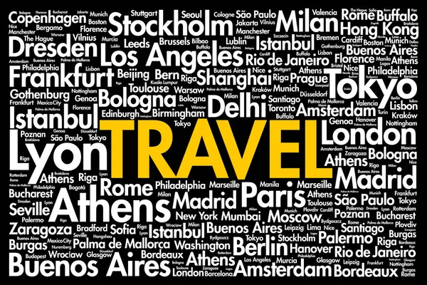 Travel Word Cloud Concept Made Words Cities Names Business Concept — Stock Vector