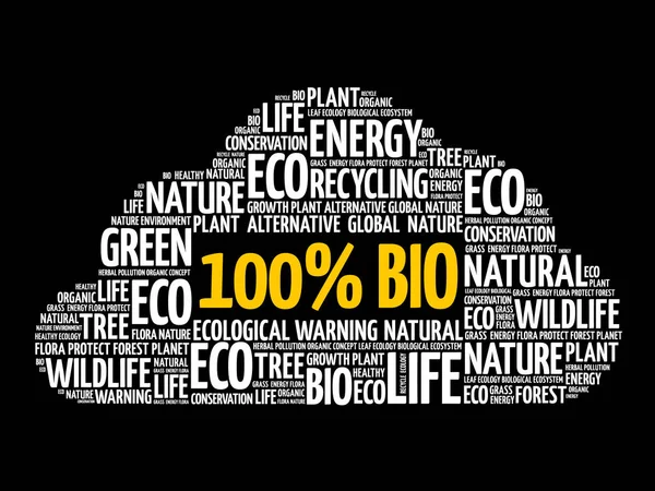 100% BIO word cloud, sfondo concettuale — Vettoriale Stock