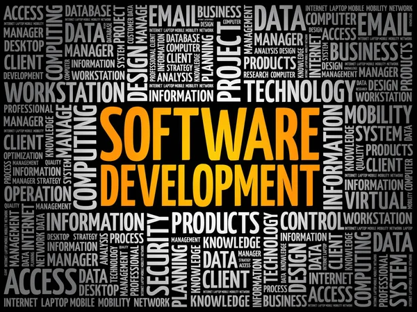 Desenvolvimento de software colagem nuvem palavra —  Vetores de Stock